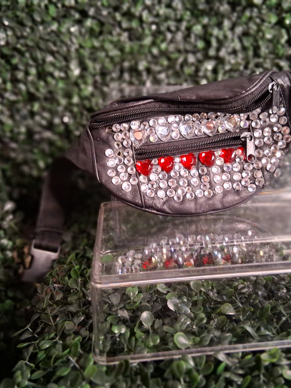 Others Follow Black Crossbody Crystal-Embellished Fanny Pack with Red Accents